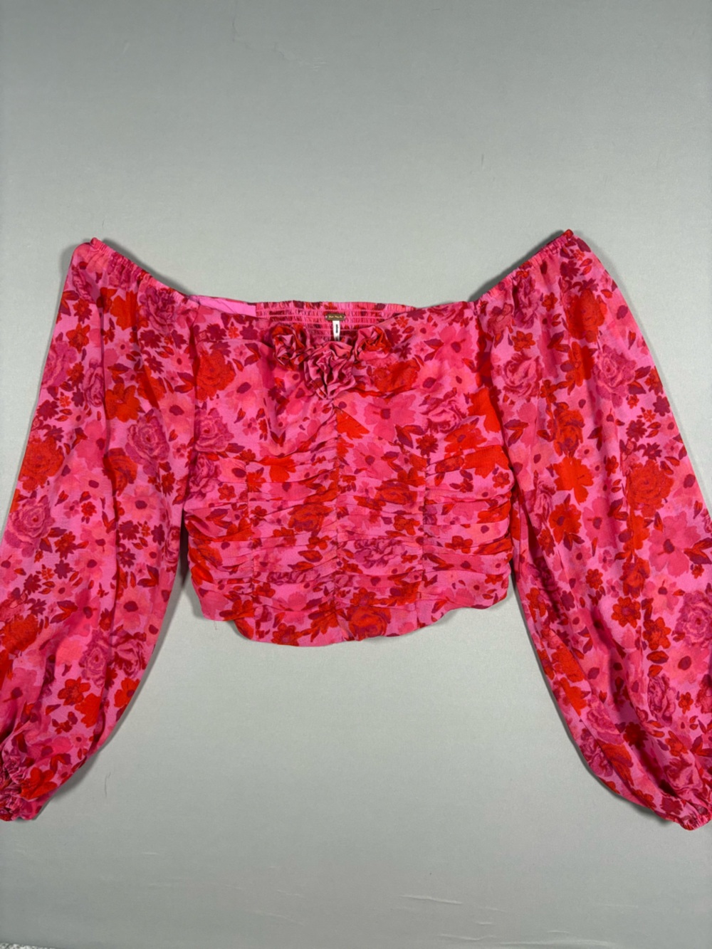 Free People Pink and Red Floral Ruched Long-Sleeve Top Cottagecore Boho Fairy, S - Picture 2 of 8